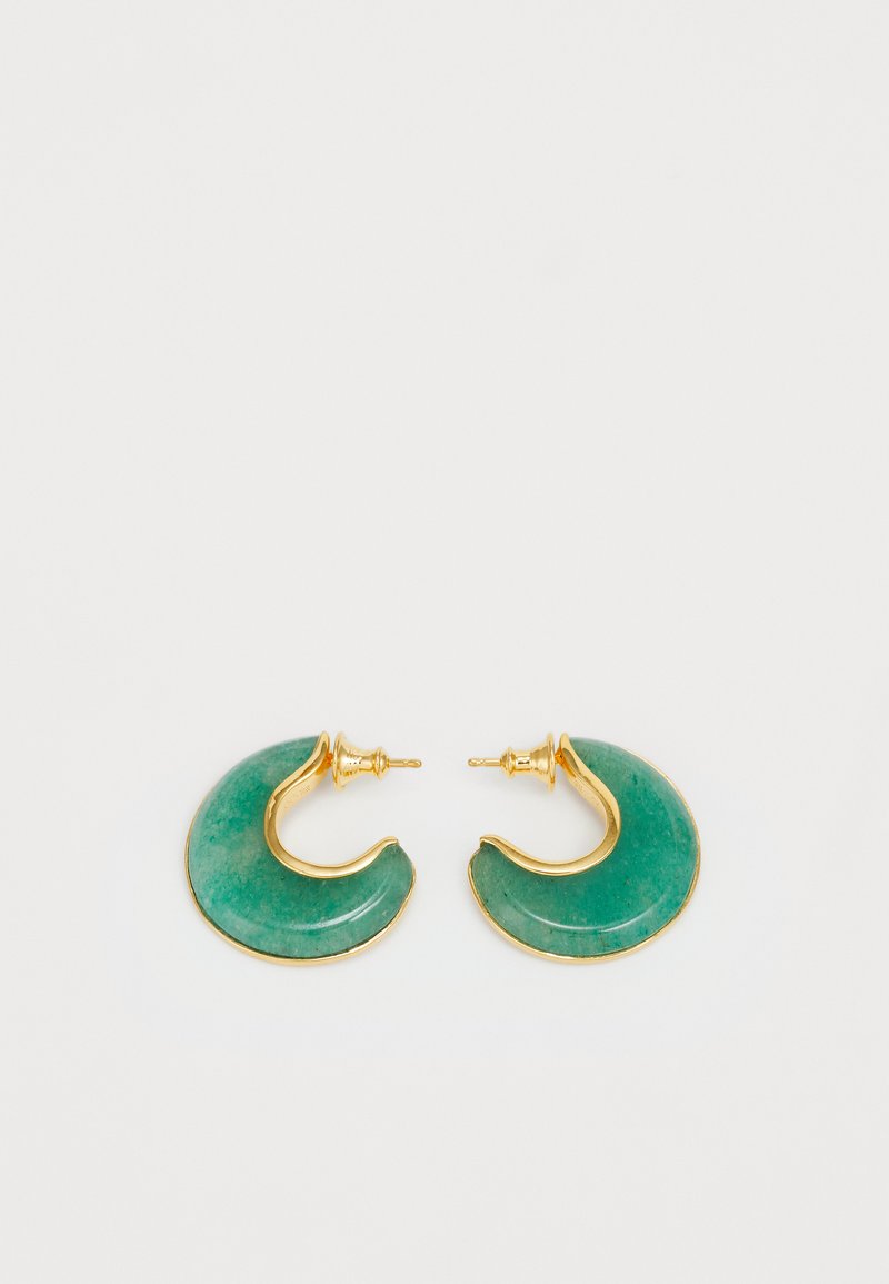 Gold-tone hoop earrings featuring a green stone in a crescent shape with a smooth texture and polished finish.
