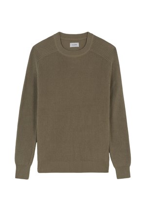 Olijfgroene geribbelde breis sweater met een ronde halslijn, lange mouwen en zijsplitten aan de onderkant. Textuurstof met een ruime pasvorm.