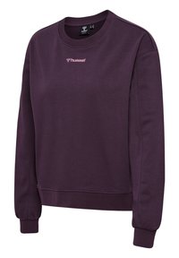 Paarse sweatshirt met een ronde halslijn en lange mouwen. Gemaakt van zacht materiaal met een subtiele textuur. "hummel" logo in lichtroze op de borst.