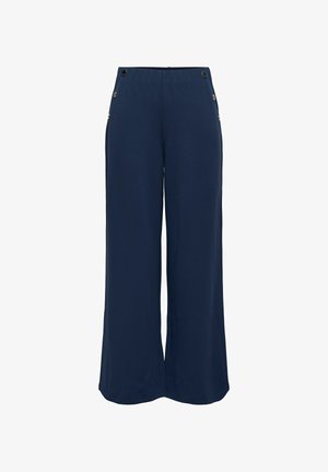 Morske široke hlače iz mehkega materiala, s stranskimi žepi z gumbnimi detajli in gladkim pasom.