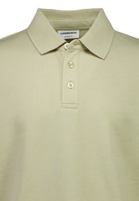 Polo vert clair avec un col classique, une patte de boutonnage à trois boutons et un tissu en coton doux à la texture lisse.