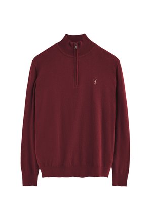 Bordeauxroter Strickpullover mit hohem Kragen und Viertel-Reißverschluss. Verfügt über ein kleines, gesticktes Logo auf der Brust und gerippte Bündchen.