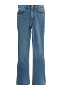 Ljusblå jeans med en utsvängd bendesign, tillverkade av denim. Har fem fickor, knappstängning och subtila sömnadsdetaljer.