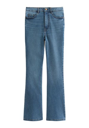Jeans de mezclilla azul claro con un diseño de pierna acampanada. Cuenta con cinco bolsillos, un cierre de botón y detalles de costura sutiles.