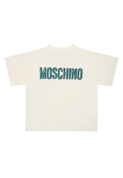 T-shirt in cotone crema con maniche corte, caratterizzato da "MOSCHINO" ricamato in lettere turchesi sul retro. Texture liscia e forma rilassata.