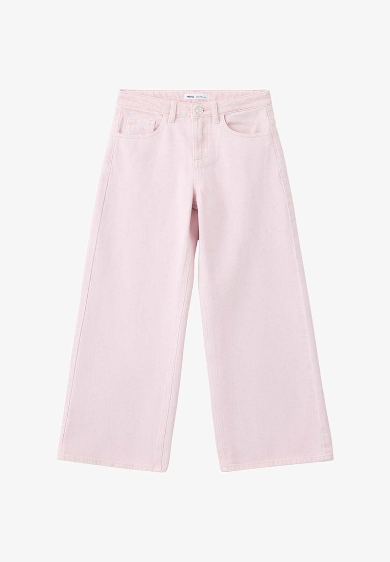 Jean en denim rose clair à jambes larges avec bouton sur le devant, passants de ceinture, deux poches avant et une petite poche pour pièces.