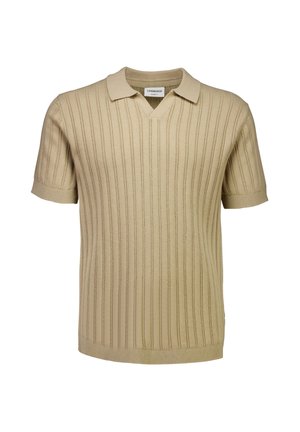 Beige gestricktes Poloshirt mit kurzen Ärmeln, vertikalem Rippenmuster und V-Ausschnitt.