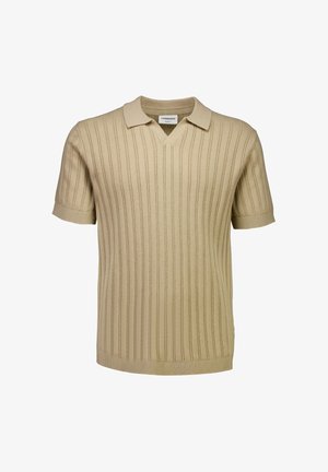 Beige gestricktes Poloshirt mit kurzen Ärmeln, vertikalem Rippenmuster und V-Ausschnitt.