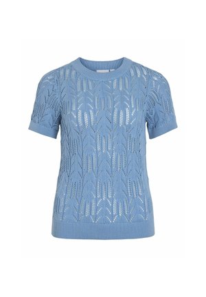 Svetlo modra pletena pulover s kratkimi rokavi, z odprtim vzorcem v obliki lista, z rebrastim ovratnikom in robom. Zračen material.