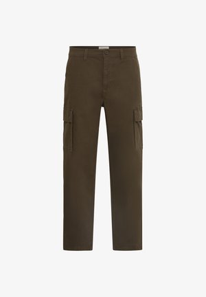 Cargo broeken in donker olijfgroen, met een rechte pijpvorm, twee zijzakken met kleppen en een gladde, duurzame stoftextuur.