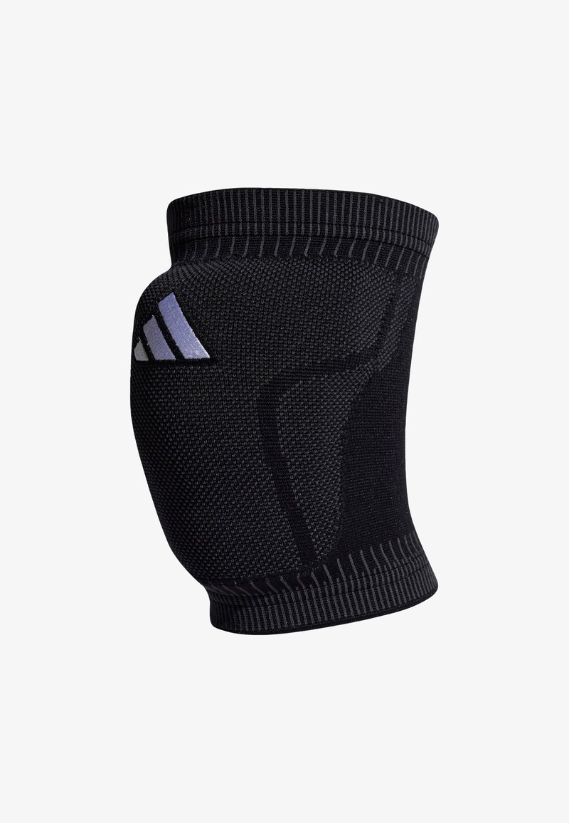 Knee support in black knit fabric with reinforced stitching, featuring a side logo in light grey and textured patterns for enhanced grip.