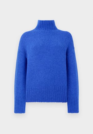 Bright blue knitted turtleneck sweater with long sleeves and ribbed cuffs and hem on a plain background.