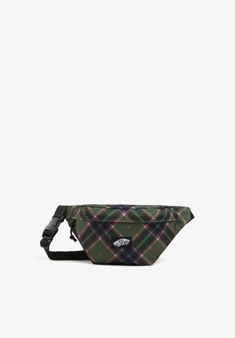 Riñonera a cuadros verdes hecha de tejido duradero, con cierre de cremallera, correa ajustable negra y parche con el logo en la parte frontal.