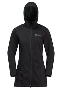 Schwarze Softshelljacke mit Kapuze, durchgehendem Reißverschluss, zwei Seitentaschen und einem Logo auf der oberen linken Brust. Glatter Stoff und taillierte Silhouette.
