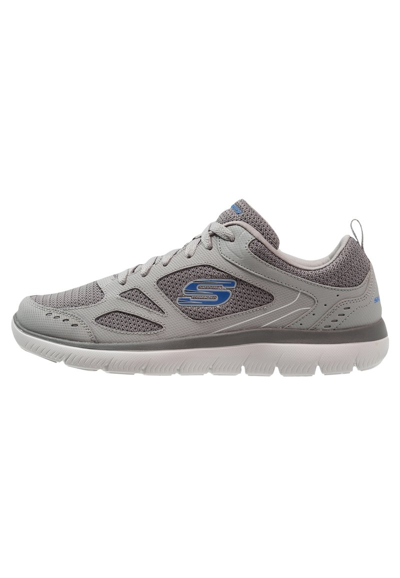 Gray athletic shoe with mesh upper, blue accents, lace closure, cushioned sole, and textured detailing along the sides for added grip.