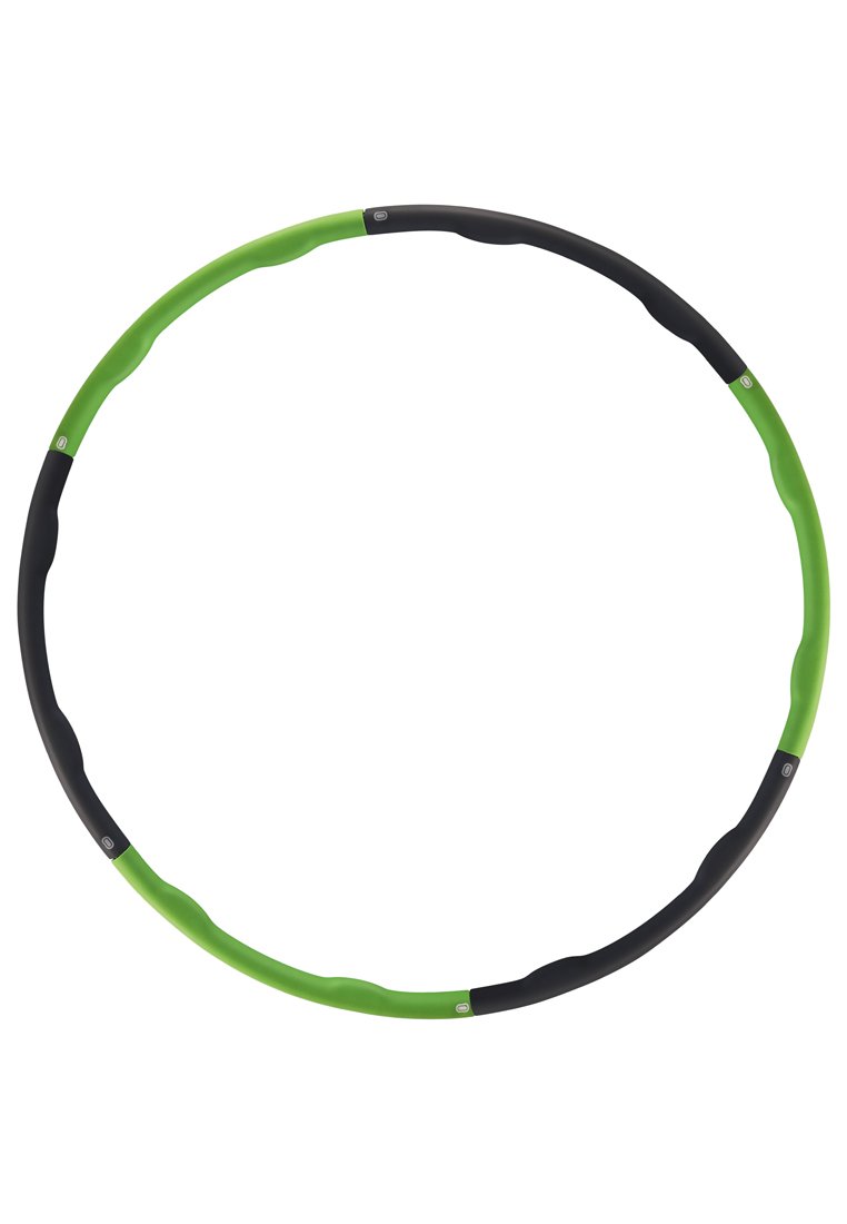 Hula hoop avec un design circulaire. Fabriqué en PVC vert et noir, il présente une surface de prise texturée et des bords lisses pour une manipulation facile.