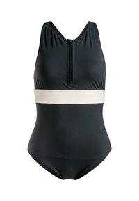 Musta yksiosainen uimapuku, jossa on korkea kaula-aukko, etuvetoketju ja valkoinen vaakasuora vyöruusu vyötäröllä. Sujuva, joustava kangas.