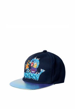 Marineblaue Pokémon-Kappe mit glänzendem blauem Schirm, mit den Charakteren Glurak, Garados und Gengar über dem Pokémon-Logo auf der Vorderseite.