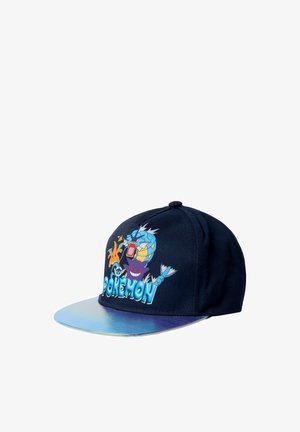 Marineblaue Pokémon-Kappe mit glänzendem blauem Schirm, mit den Charakteren Glurak, Garados und Gengar über dem Pokémon-Logo auf der Vorderseite.