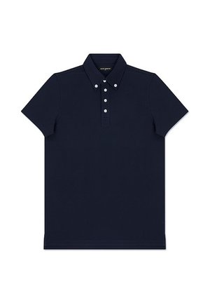 Granatowy krótki rękaw polo z kołnierzykiem zapinanym na guziki oraz czterema białymi guzikami na listwie.