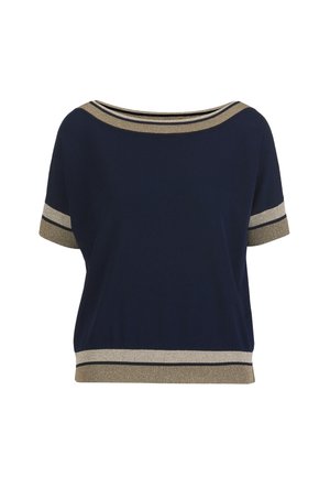 Mornarsko modra majica s kratkimi rokavi z metalik zlato-črnimi črtastimi obrobami na izrezu, rokavih in spodnjem robu.