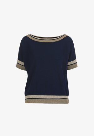 Mornarsko modra majica s kratkimi rokavi z metalik zlato-črnimi črtastimi obrobami na izrezu, rokavih in spodnjem robu.