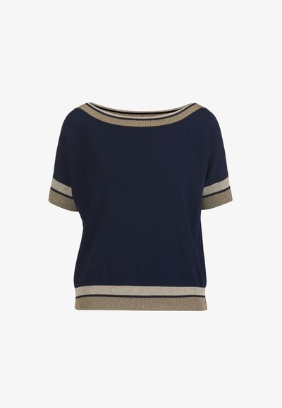 Marineblaues Kurzarmoberteil mit gold-metallischem und schwarz gestreiftem Besatz an Kragen, Ärmeln und Saum.