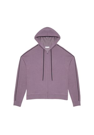 Lilafarbene Zip-Hoodie mit Kapuze, schwarzen Kordeln und Seitenstreifen; aus einem weichen Baumwollgemisch mit geripptem Saum und Bündchen.