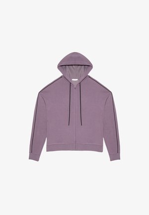 Fioletowa bluza zapinana na zamek z kapturem, czarnymi sznurkami i bocznymi paskami; wykonana z miękkiej mieszanki bawełny z ściągaczem u dołu i przy rękawach.