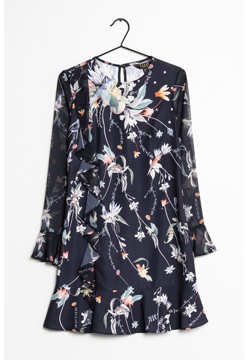 Marineblaues Blumen-Kleid mit langen Ärmeln, Rüschendetail und ausgestelltem Saum. Es hat ein Blumenmuster in verschiedenen Farben und einen Knopfverschluss.