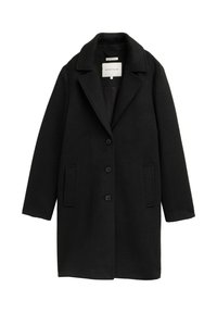 Cappotto di lana nera con colletto a punte, tre bottoni e due tasche laterali. Tessuto liscio con un design classico a taglio dritto.