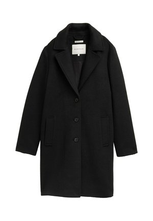 Cappotto di lana nera con colletto a punte, tre bottoni e due tasche laterali. Tessuto liscio con un design classico a taglio dritto.