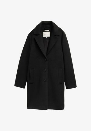 Zwarte wollen jas met een geknipte kraag, drie knopen en twee zijzakken. Glad oppervlak met een klassieke rechte snit.