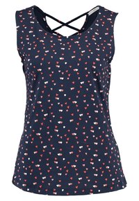 Navy Tanktop mit einer Streuung kleiner roter, weißer und rosa Herzen, einem Kreuzrücken-Design und glatter Stoffstruktur.