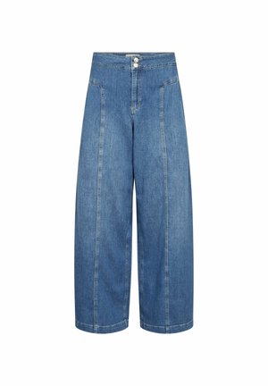 Modré široké džínsové nohavice s dvojitým zapínaním na gombíky a viditeľnými švami na predných paneloch.