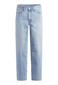 Jean denim bleu clair à jambes droites avec fermeture avant par bouton et zip, passants pour ceinture et design à cinq poches.
