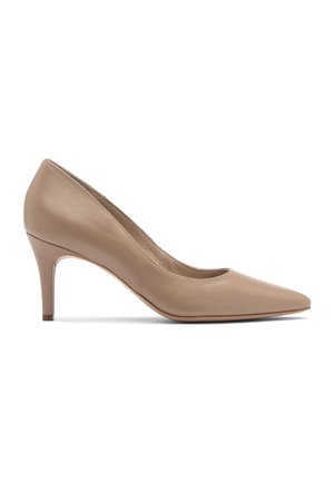 Bež usnjeni salonarji s visokim peto, z ostrim nosom, elegantno zasnovo in 7,5 cm visokim peto, z gladko površino in minimalističnim izgledom.