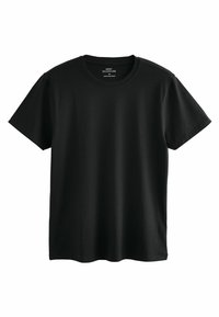Sort bomulds T-shirt med rund halsudskæring og korte ærmer. Glat tekstur, standard pasform, ingen synlige mønstre eller designelementer.
