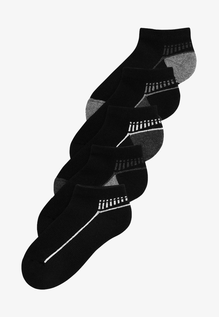 Set di calzini neri alla caviglia con diverse tonalità di nero e grigio. Ogni calzino presenta un motivo a righe e dettagli bianchi sui lati.