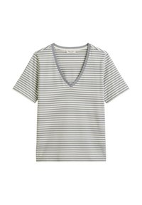 V-neck short-sleeve t-shirt in cream with gray vertical stripes. Soft fabric, relaxed fit, and contrasting gray trim around the neckline.