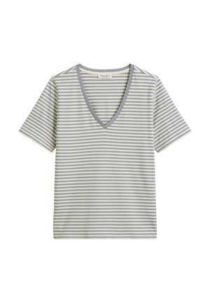 V-neck short-sleeve t-shirt in cream with gray vertical stripes. Soft fabric, relaxed fit, and contrasting gray trim around the neckline.