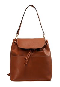 Borsa a tracolla in pelle marrone con una struttura rigida, chiusura a cordoncino e pattina. Presenta una tasca frontale e una sola tracolla.
