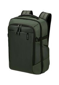 Kompakt mörkgrön och svart ryggsäck med vadderade axelremmar, framficka med dragkedja och sidoband för kompression, med en synlig etikett från Samsonite.