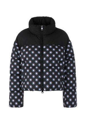 Black puffer jacket with a high collar, featuring a starburst pattern in white and light blue. Front zip closure and quilted texture.