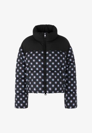 Schwarze Daunenjacke mit hohem Kragen, versehen mit einem Sonnenstrahlen-Muster in Weiß und Hellblau. Mit Frontreißverschluss und gestepptem Stoff.