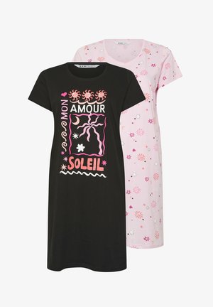 Czarna krótka koszula nocna z różowym słońcem i napisem "Mon Amour Soleil"; różowa koszula nocna z rozmieszczonymi wzorami gwiazd i zawijasów.