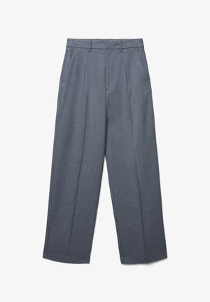 Graue weite Hosen aus strukturiertem Stoff, mit Vorderfalten, Gürtelschlaufen und einem schneidigen Schnitt für eine strukturierte Passform.
