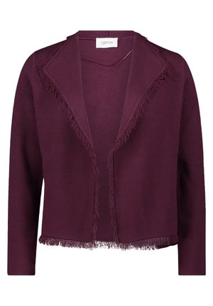 Cardigan bordeaux en tissu doux, avec un ourlet frangé et un design à ouverture devant. Manches longues avec une coupe décontractée.