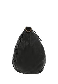 Black leather handbag with woven side detail, rounded shape, zipper closure, and metal ring attachment at the top.