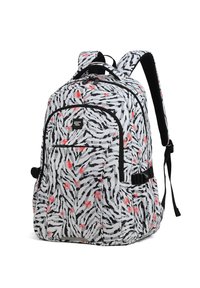 Zaino con una base bianca e strisce zebrate nere, arricchito da motivi floreali rossi. Caratterizzato da spallacci imbottiti e numerosi zip.